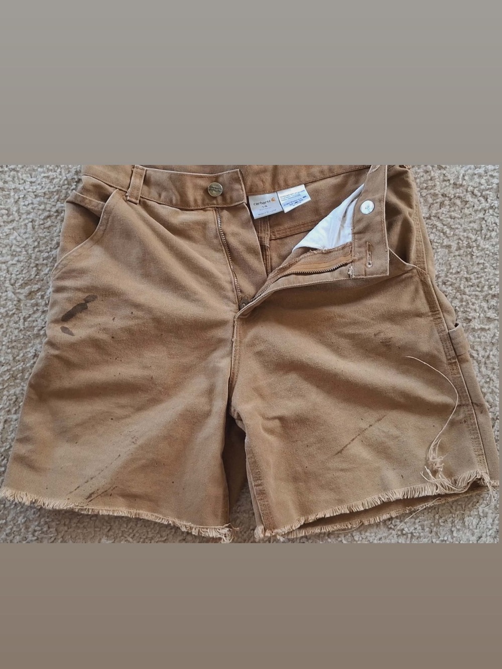 Carhartt Tan Work Shorts with Frayed Hem
